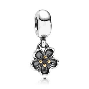 RARE Pandora Two Tone Black Spinel Flower Dangle Charm, 14K Gold